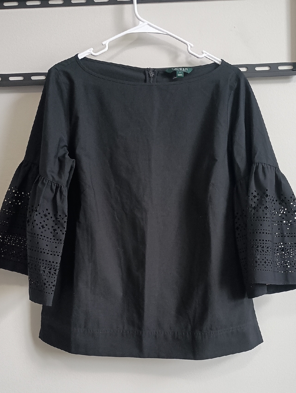 Ralph Lauren Black Eyelet Bell-Sleeve Cotton Top